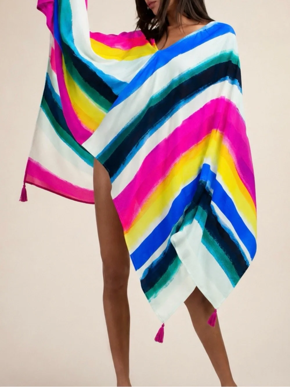 Vibrant Rainbow Stripe Poncho Swim Cover Up Beach Sarong Caftan Wrap Tassels OS‎
